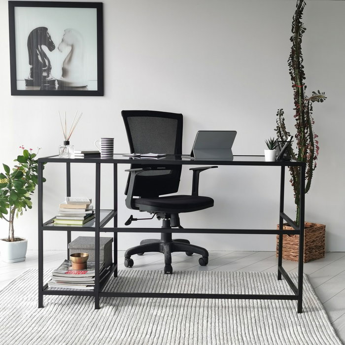 Hanah Home Mesa de Estudio M101F 130x60cm, Cristal Templado y Metal, Diseño Moderno e Industrial